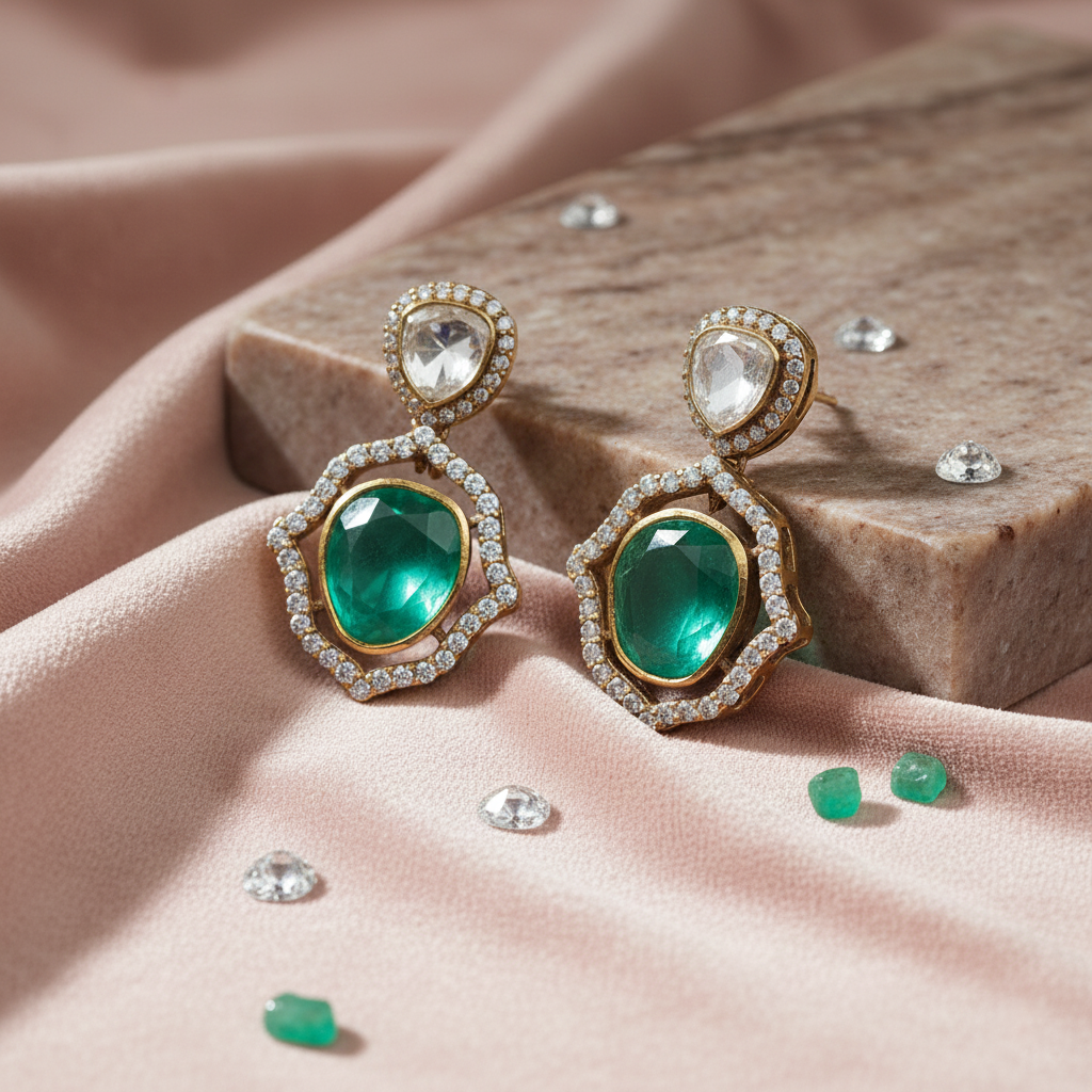Art Deco Emerald & Diamond Pendant Studs