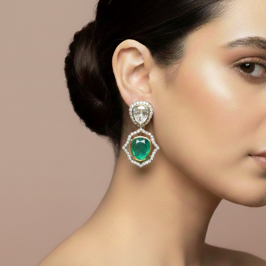 Art Deco Emerald & Diamond Pendant Studs