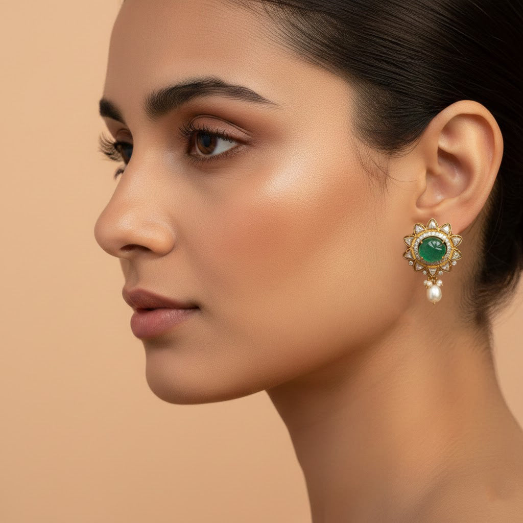 Emerald Sunflower Pearl Drop Earrings