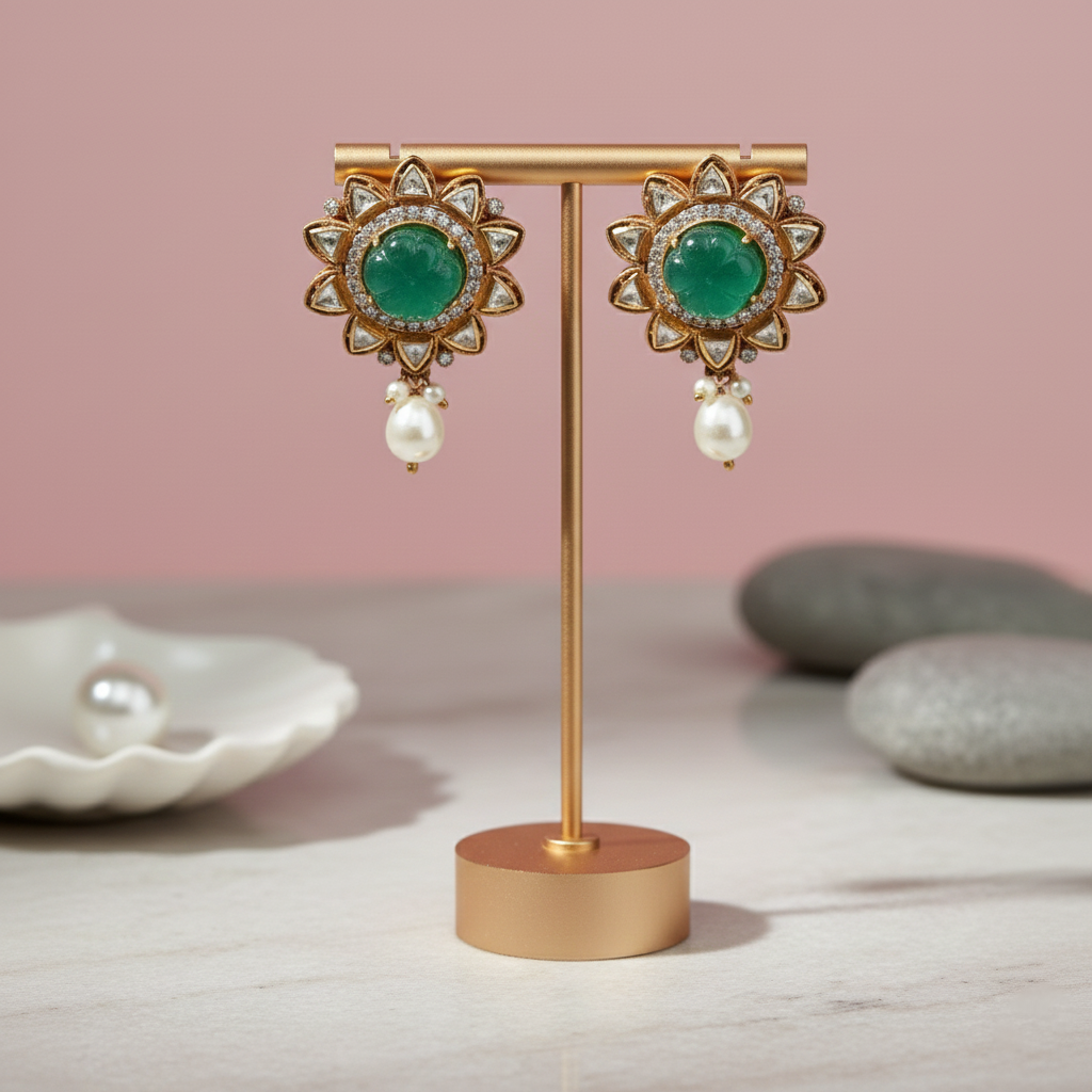 Emerald Sunflower Pearl Drop Earrings