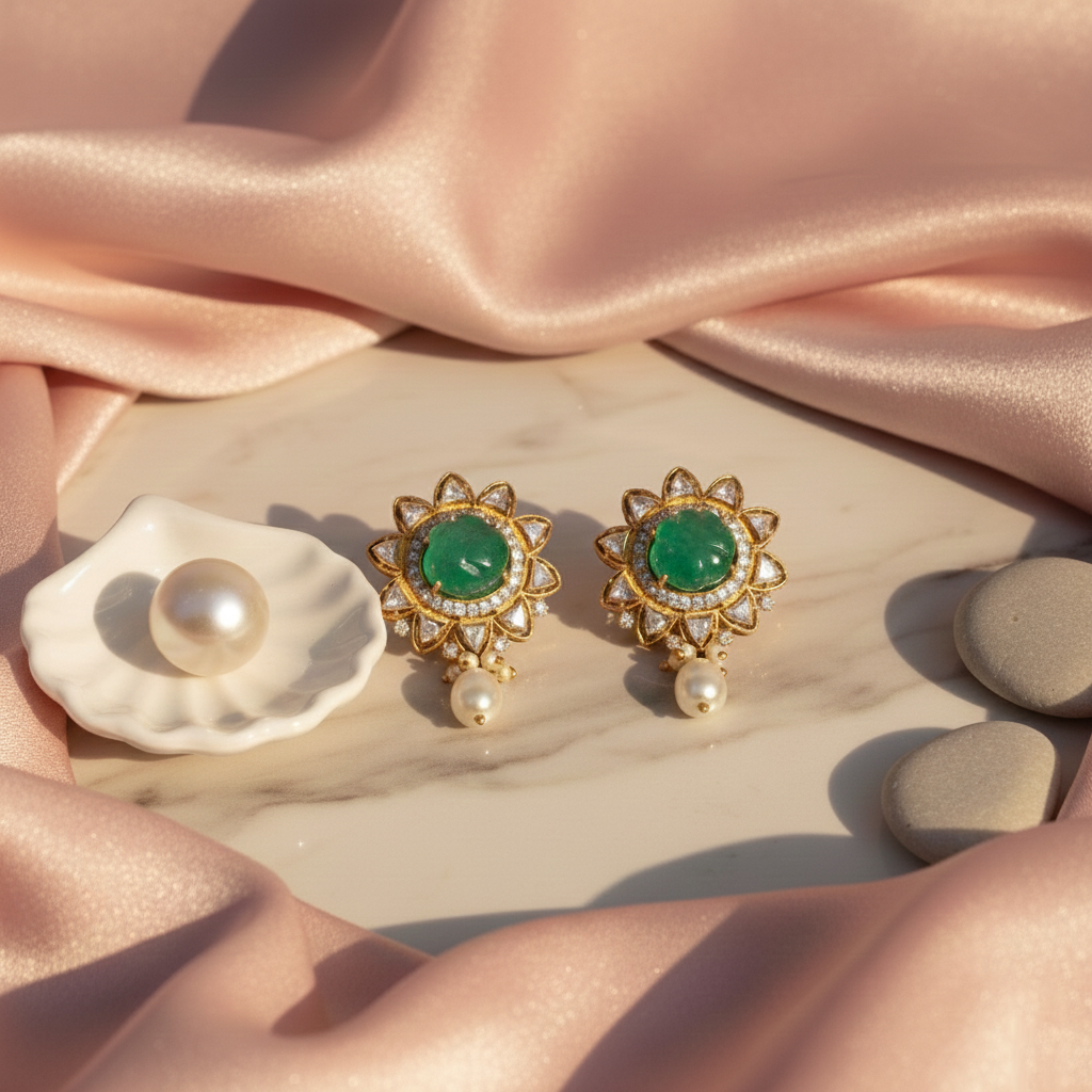 Emerald Sunflower Pearl Drop Earrings