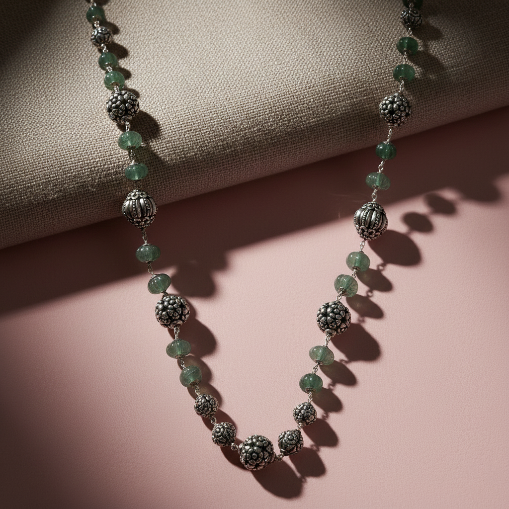 Jade‑Accent Oxidised Silver Chain