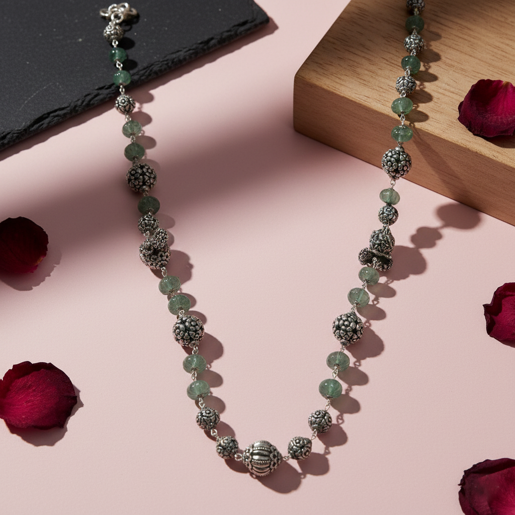 Jade‑Accent Oxidised Silver Chain