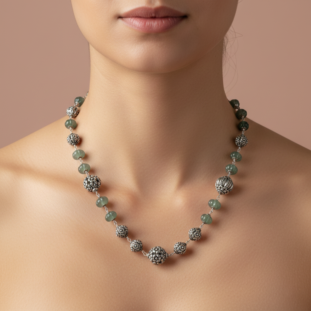 Jade‑Accent Oxidised Silver Chain