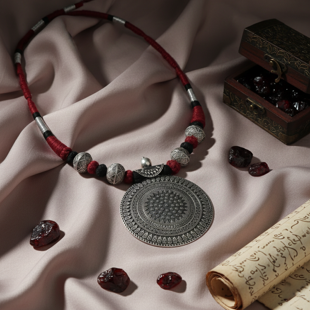 Maroon‑Threaded Oxidised Silver Mandala Necklace