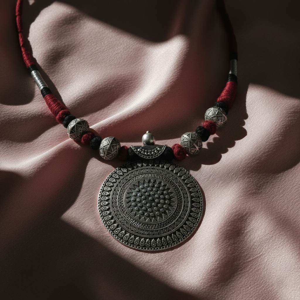Maroon‑Threaded Oxidised Silver Mandala Necklace