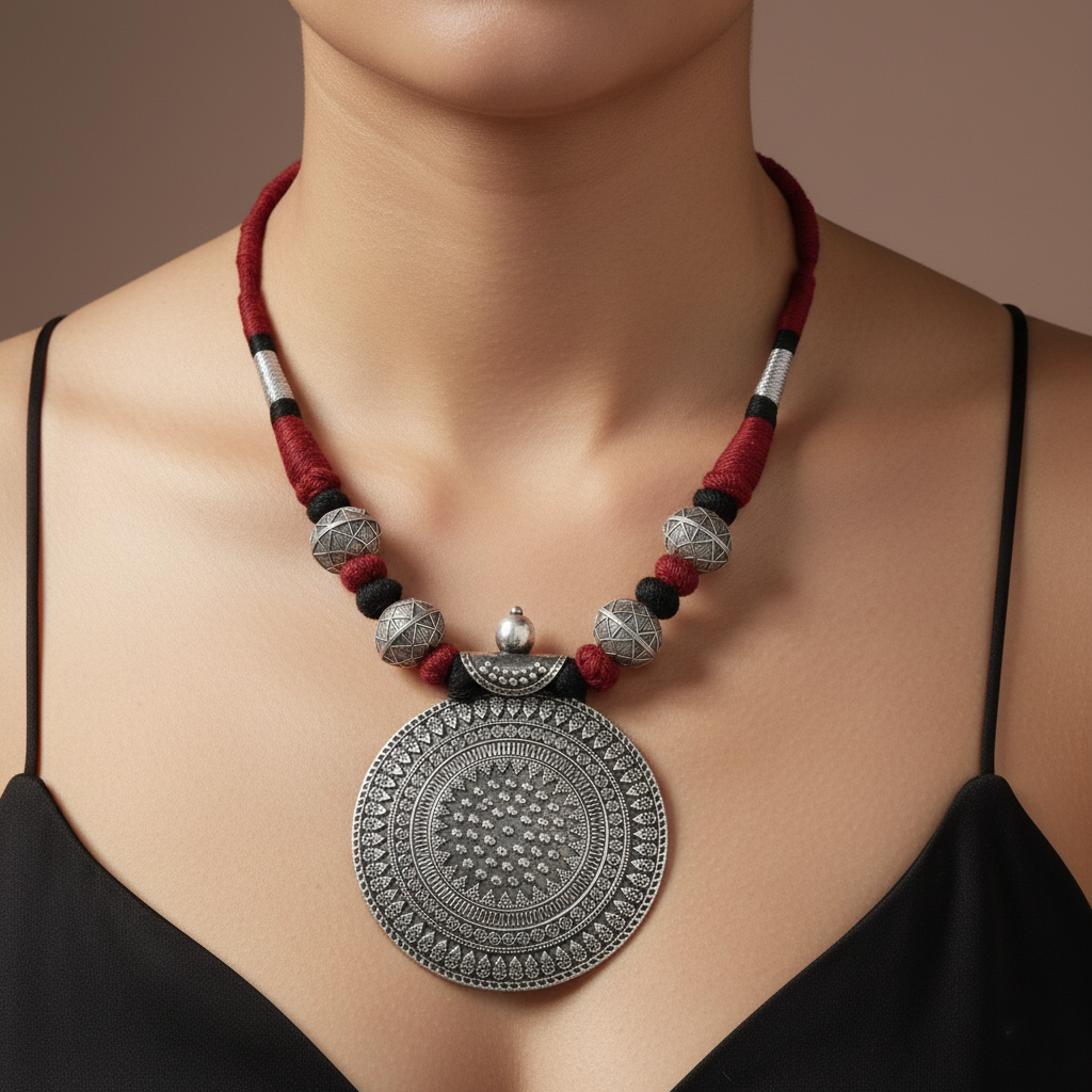 Maroon‑Threaded Oxidised Silver Mandala Necklace