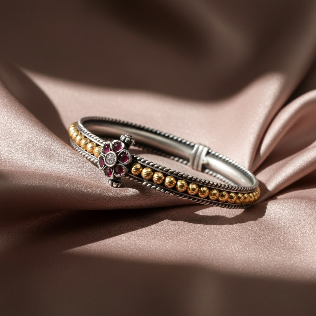 Ruby Blossom Silver Bangle