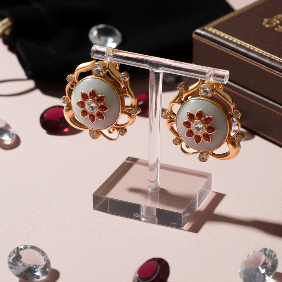 Classic Red‑Petaled Silver Earrings