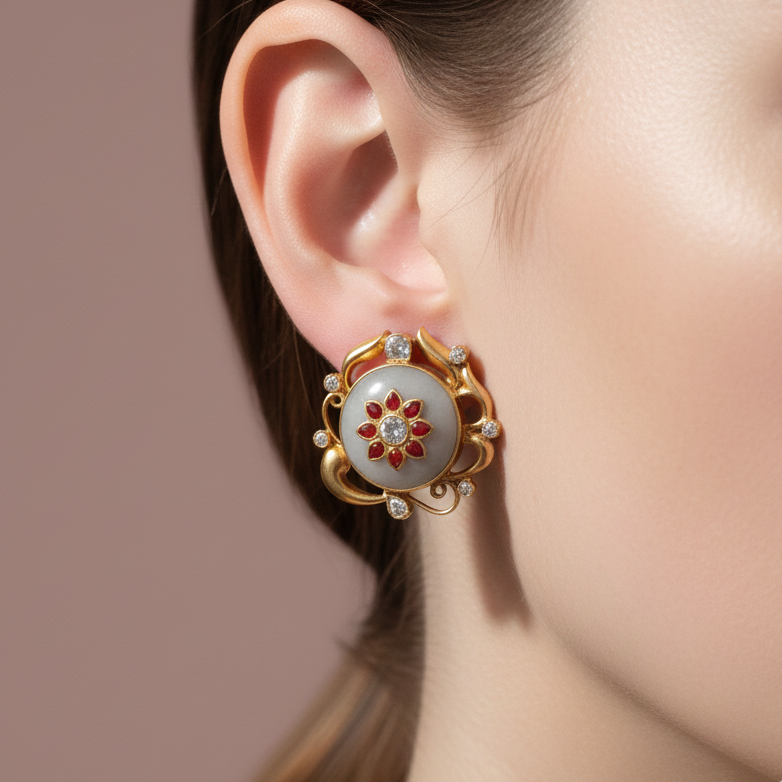 Classic Red‑Petaled Silver Earrings