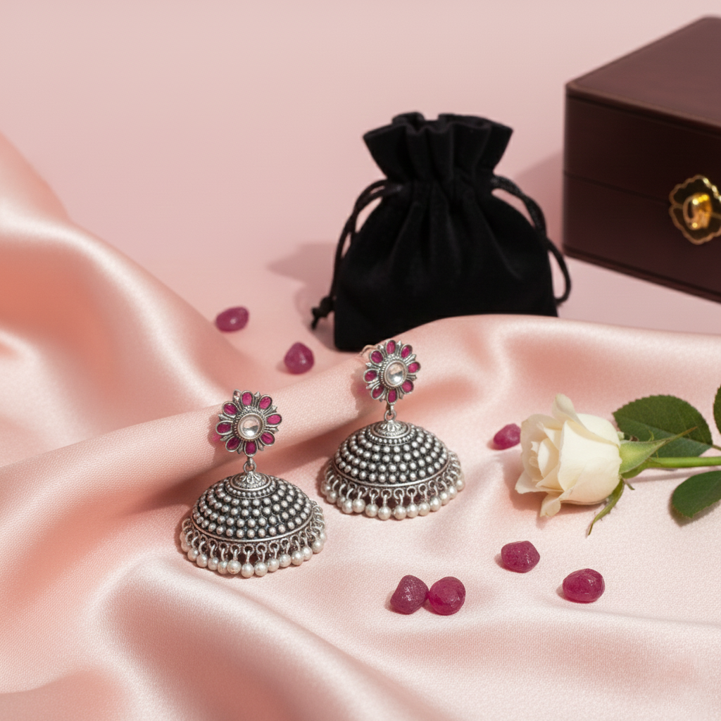Ruby‑Petaled Silver Jhumka with Pearl Trim