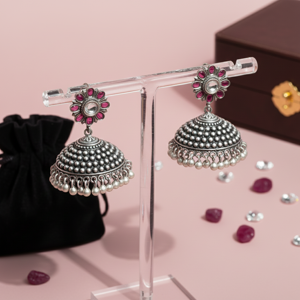 Rubellite‑Petaled Silver Jhumka with Pearl Trim
