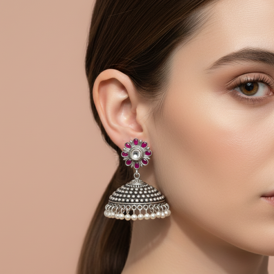 Ruby‑Petaled Silver Jhumka with Pearl Trim
