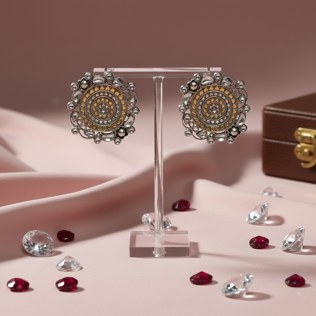 Silver Oxidised Kundan Studs