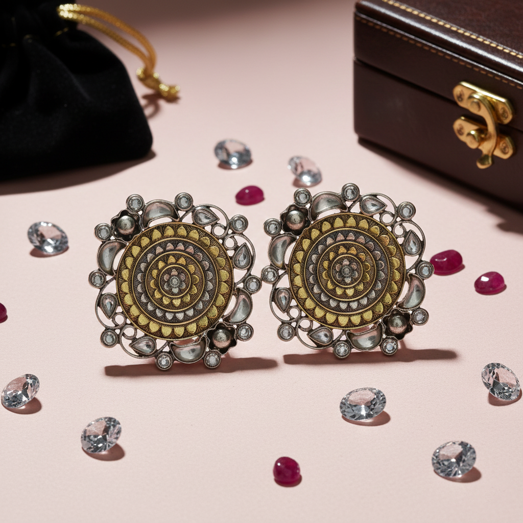 Silver Oxidised Kundan Studs