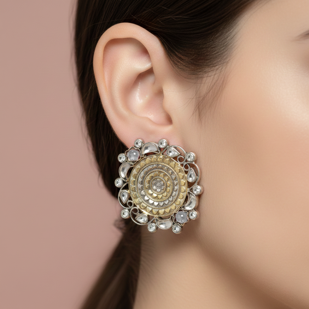 Silver Oxidised Kundan Studs