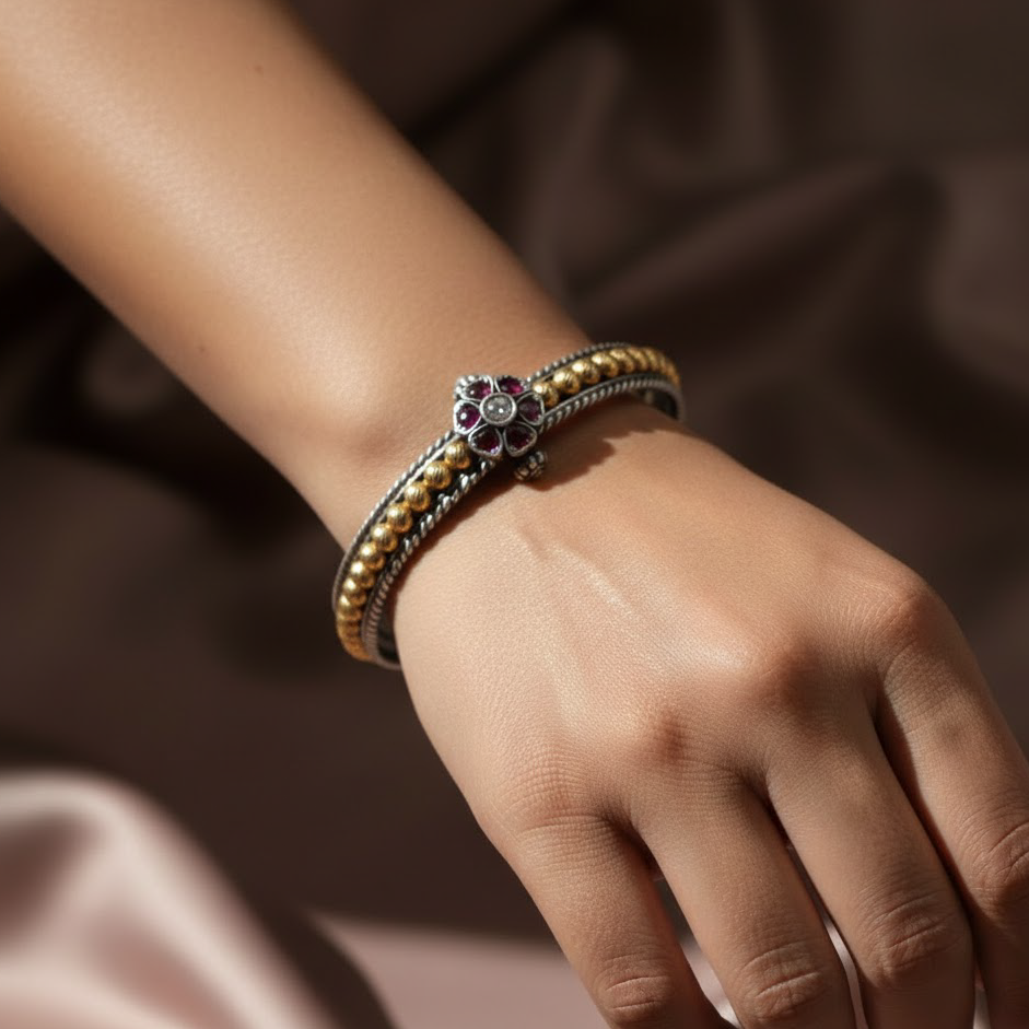 Ruby Blossom Silver Bangle