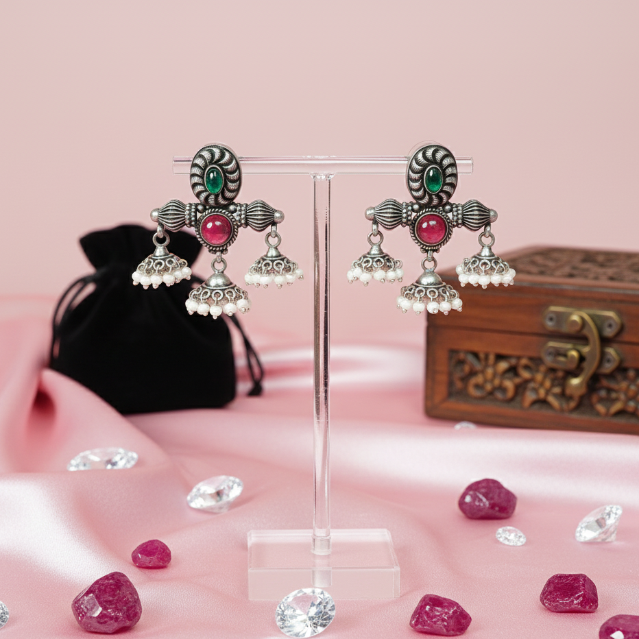 Ruby Stone Triple Jhumki