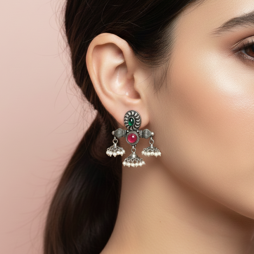 Ruby Stone Triple Jhumki