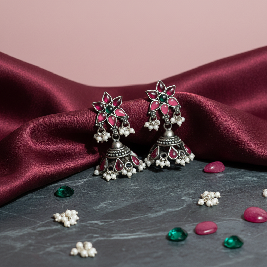 Ruby‑Emerald Silver Jhumka