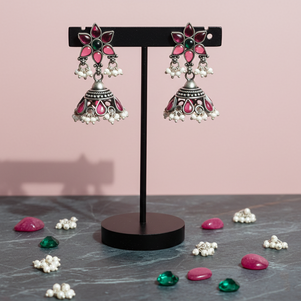 Ruby‑Emerald Silver Jhumka