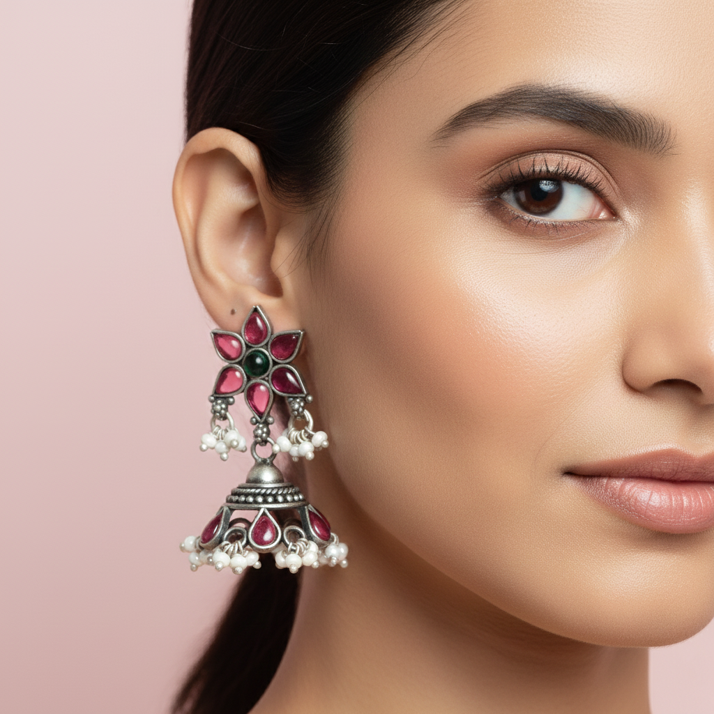 Ruby‑Emerald Silver Jhumka
