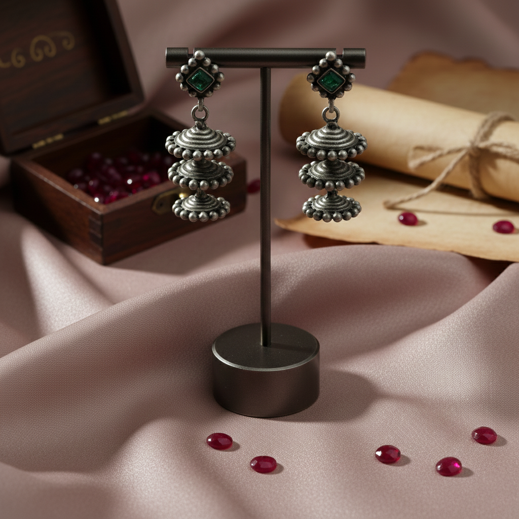 Silver Oxidised Green‑Stone 3 Layered Jhumka