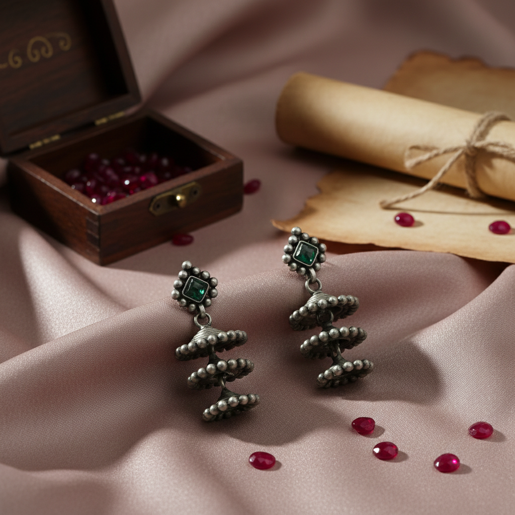 Silver Oxidised Green‑Stone 3 Layered Jhumka