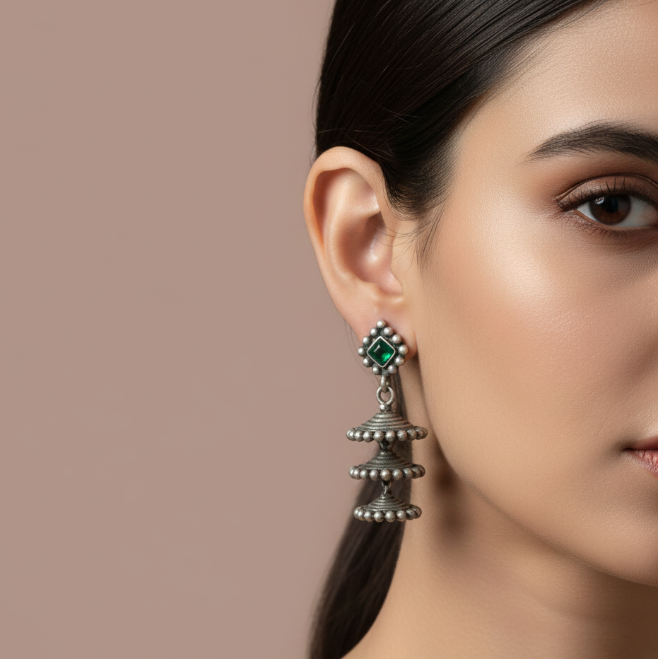 Silver Oxidised Green‑Stone 3 Layered Jhumka