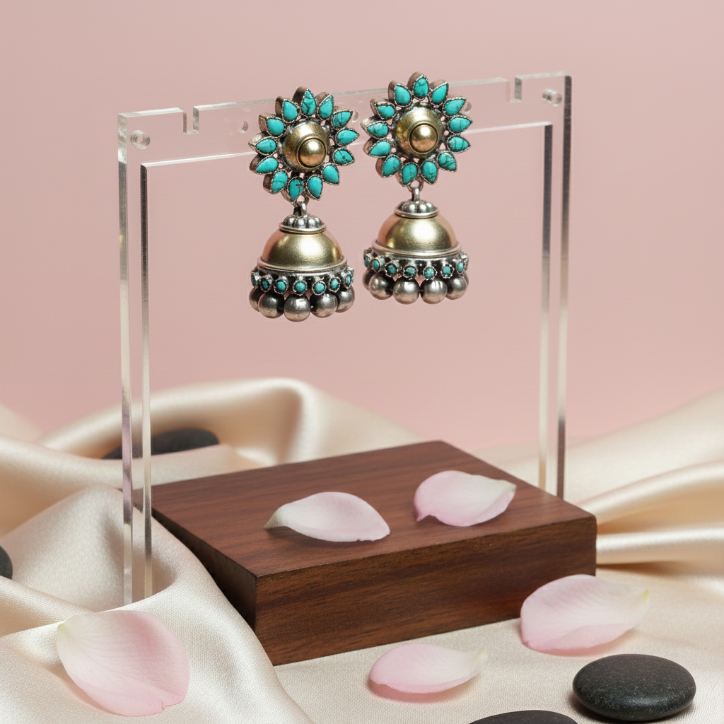 Turquoise Floral Silver Jhumka
