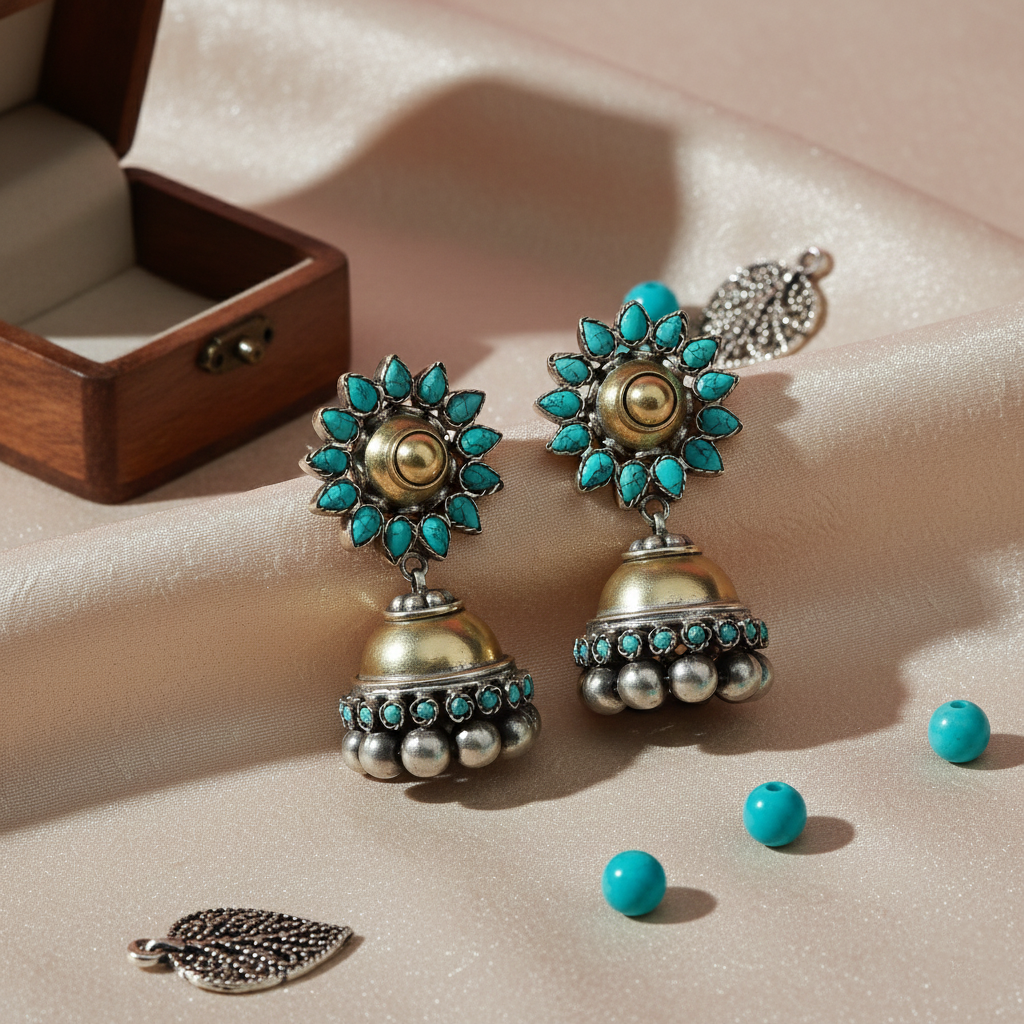 Turquoise Floral Silver Jhumka