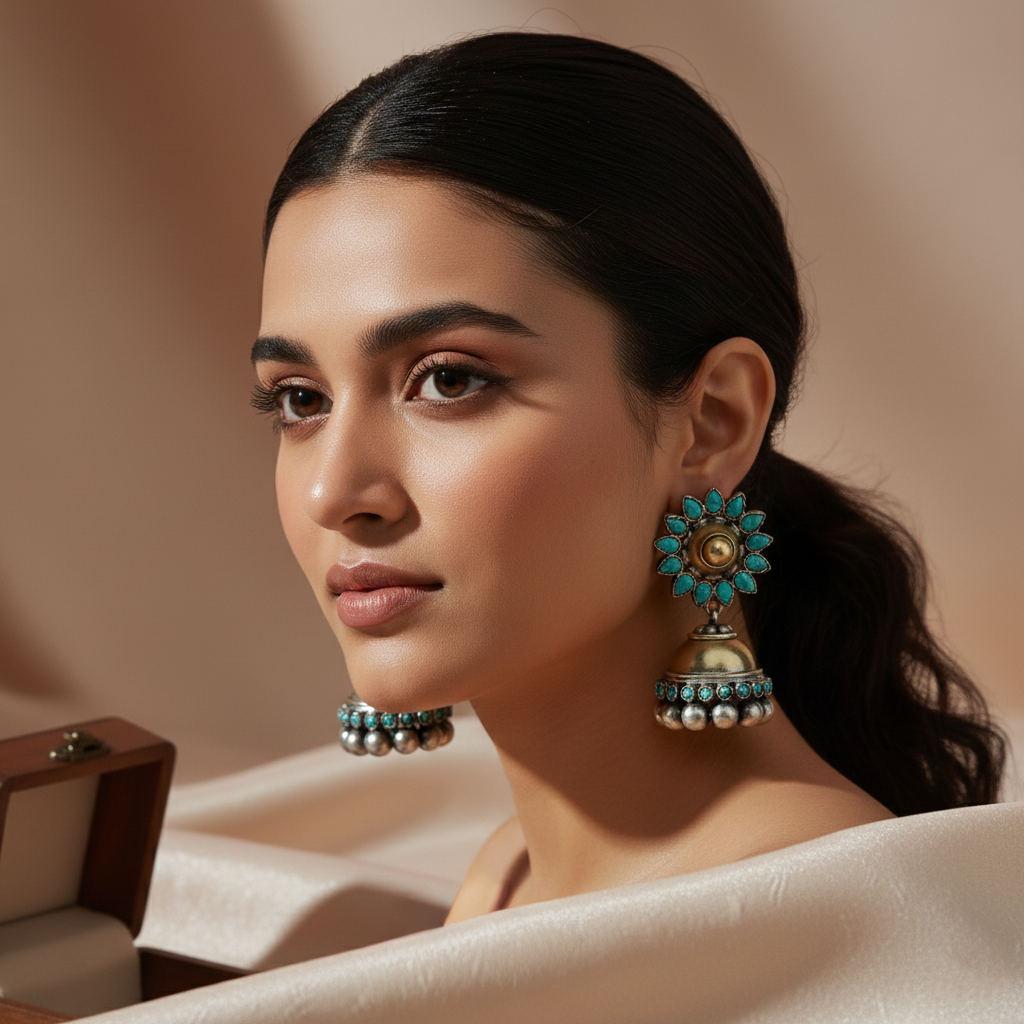 Turquoise Floral Silver Jhumka