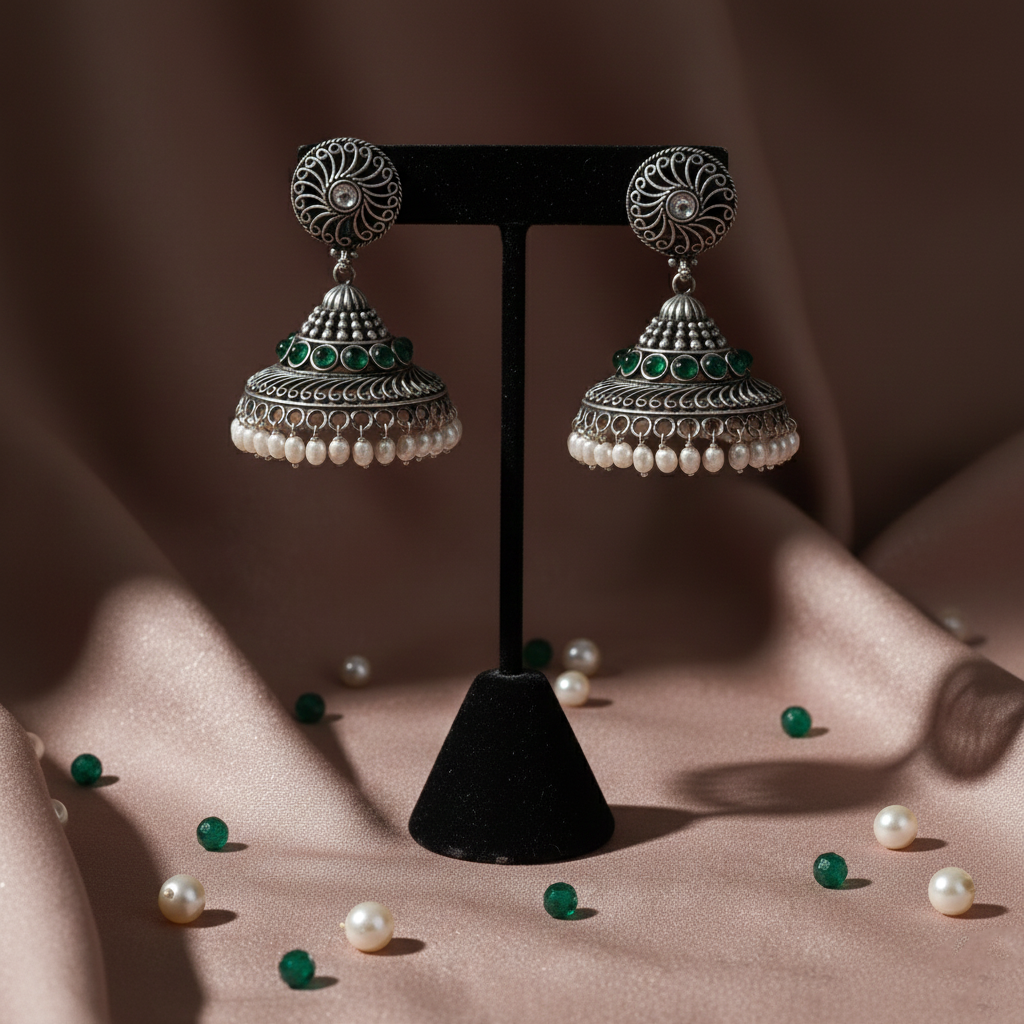 Silver Oxidised Emerald & Pearl Jhumka