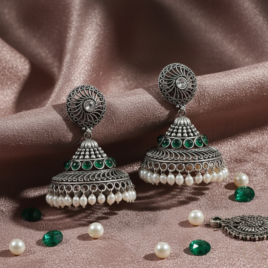 Silver Oxidised Emerald & Pearl Jhumka