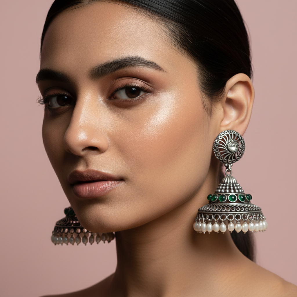 Silver Oxidised Emerald & Pearl Jhumka