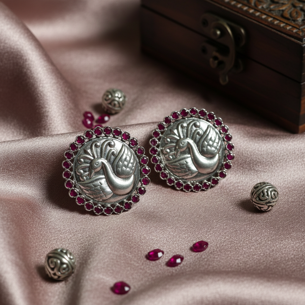 Ruby‑bordered Silver Peacock Studs