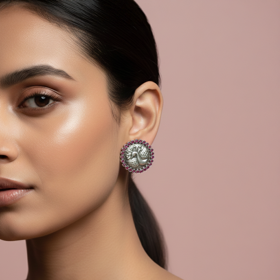 Ruby‑bordered Silver Peacock Studs