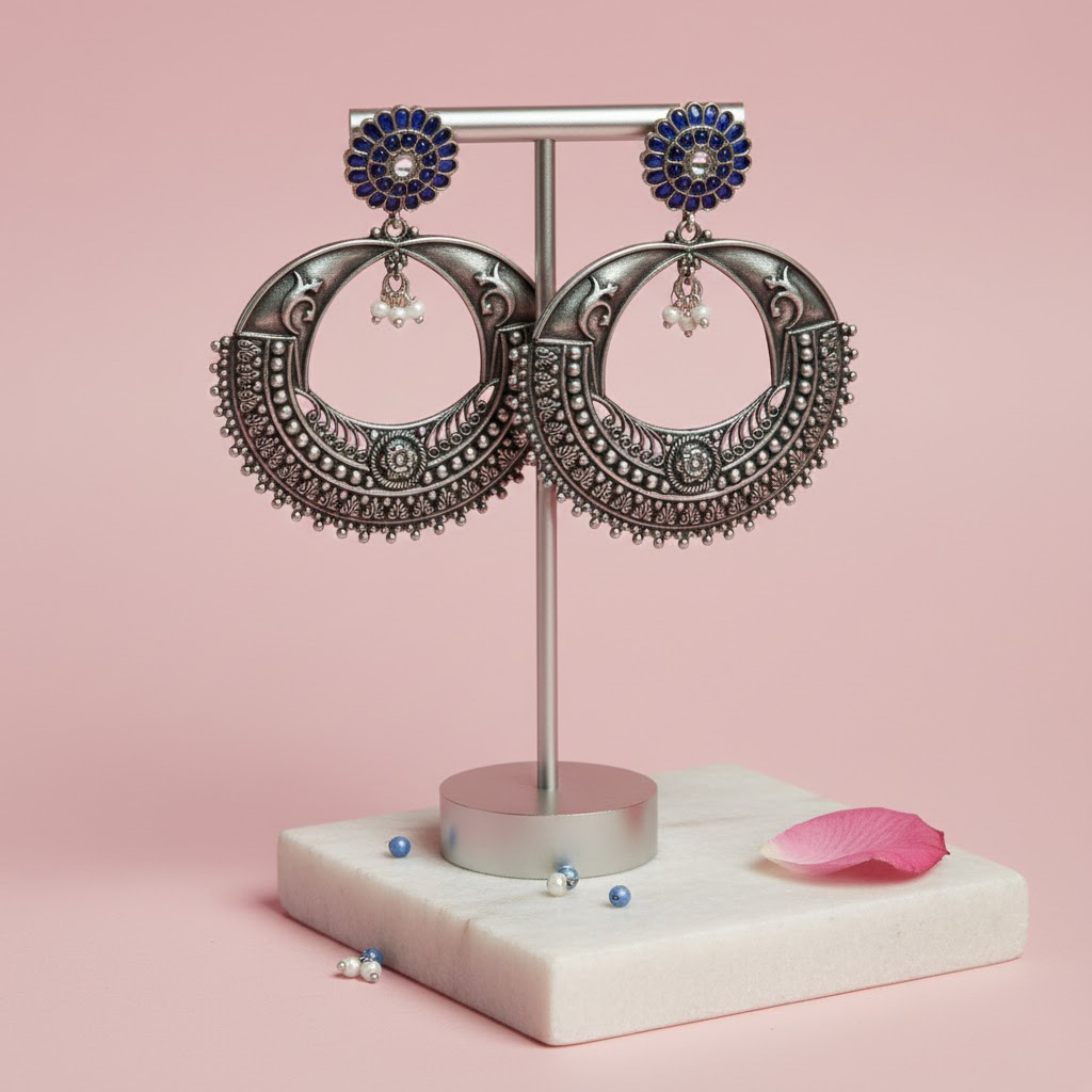 Royal Blue Oxidised Chandbali