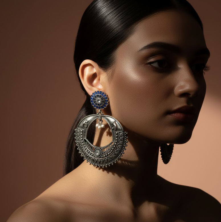 Royal Blue Oxidised Chandbali