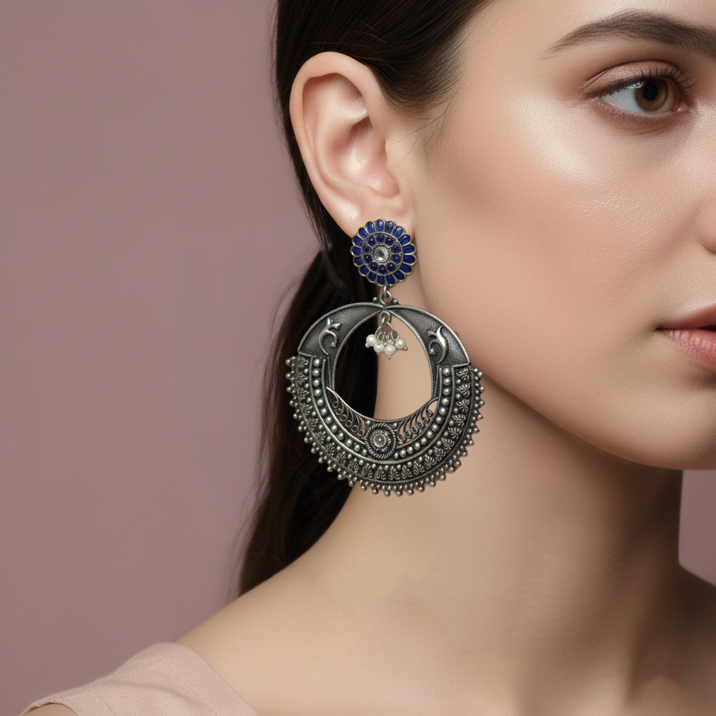 Royal Blue Oxidised Chandbali