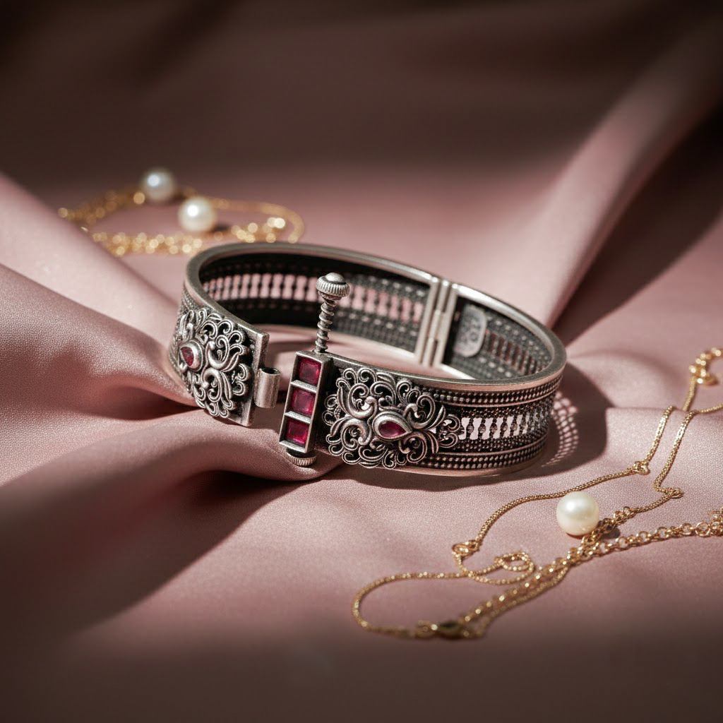 Regal Ruby-Stone Silver Bangle