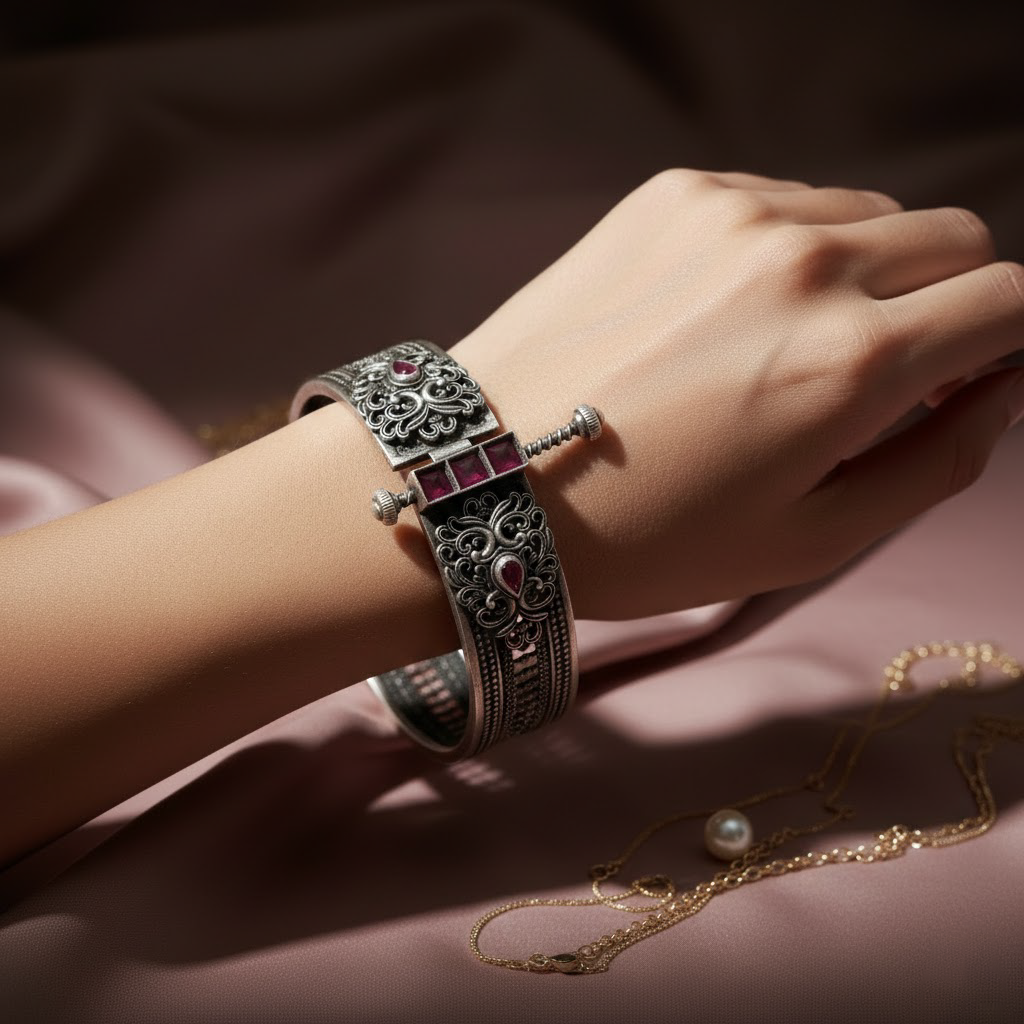 Regal Ruby-Stone Silver Bangle