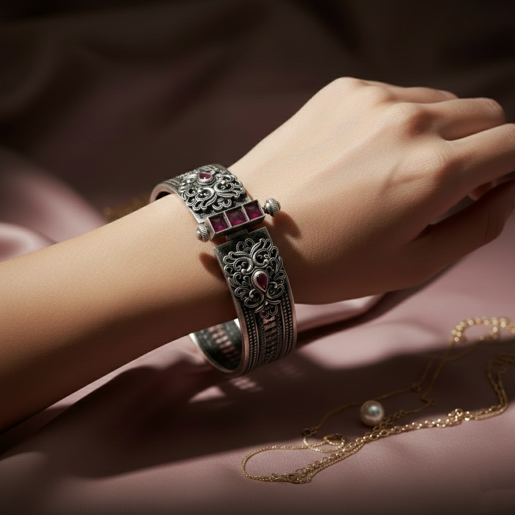 Regal Rubellite-Stone Silver Bangle