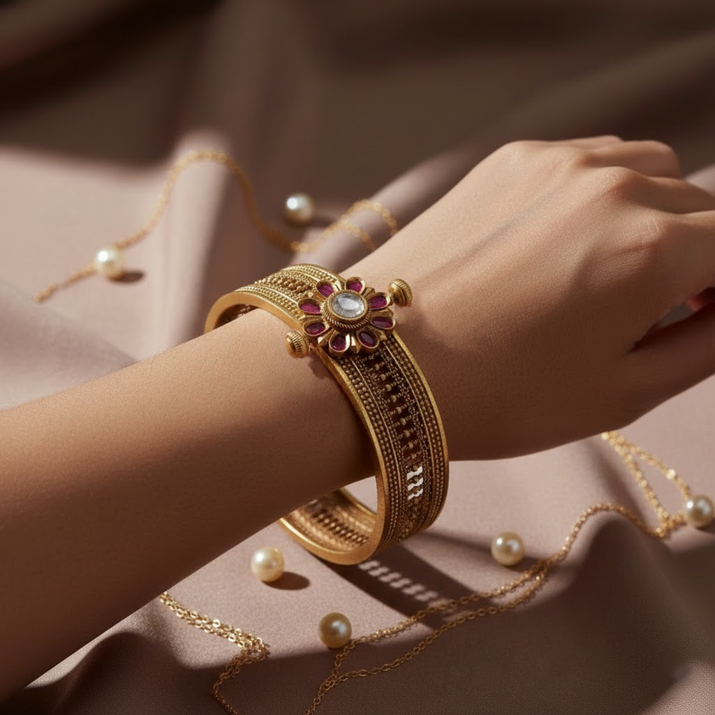 Rubellite-Kundan Flower Bangle