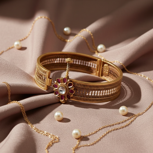 Rubellite-Kundan Flower Bangle