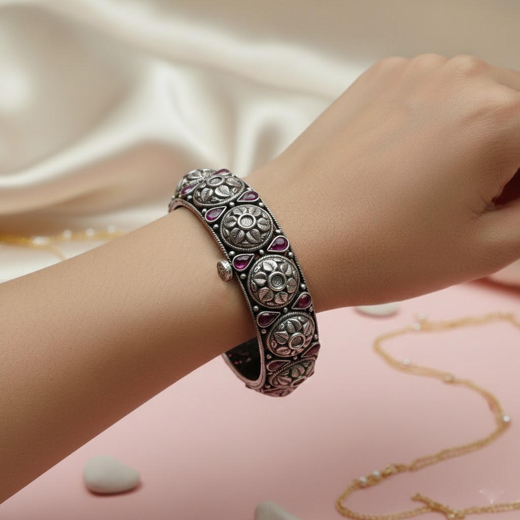 Silver Blossom Ruby Bracelet