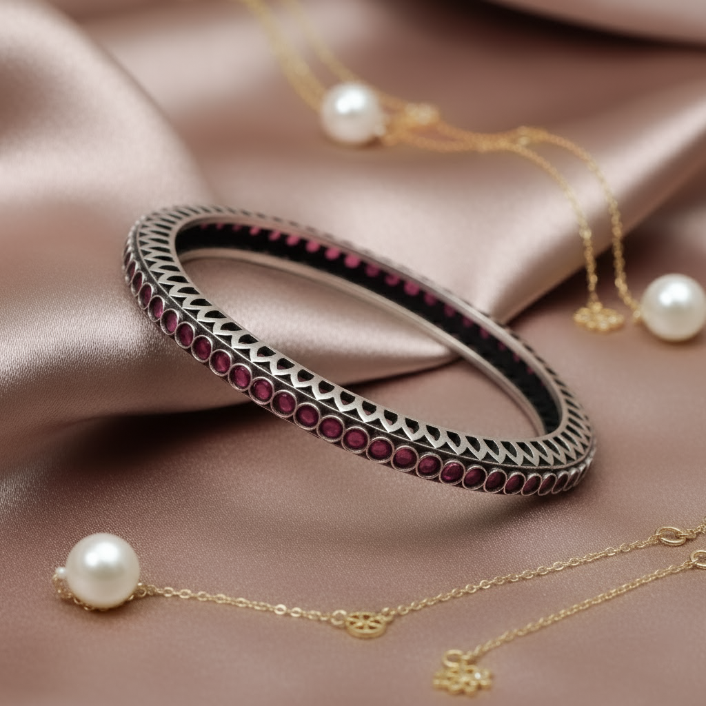 Ruby-Studded Antique Silver Kada