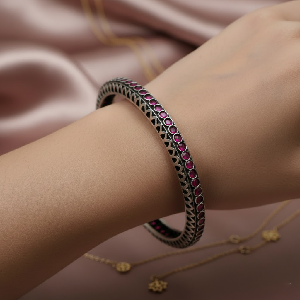 Ruby-Studded Antique Silver Kada