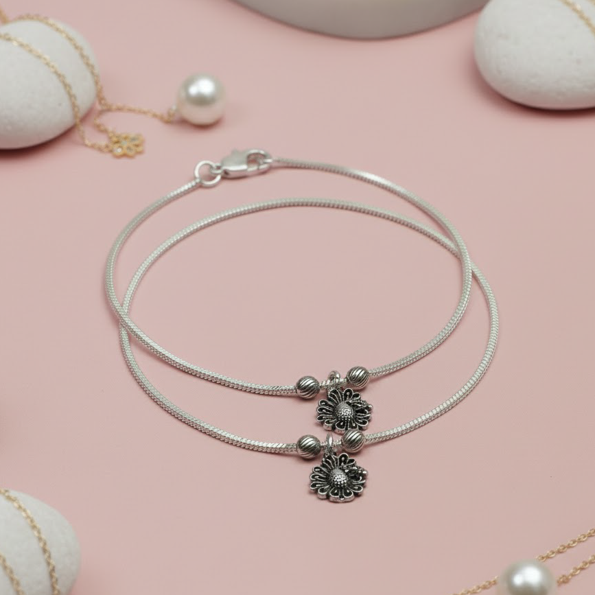 Silver Floral-Charm Snake-Chain Anklet (Pair)