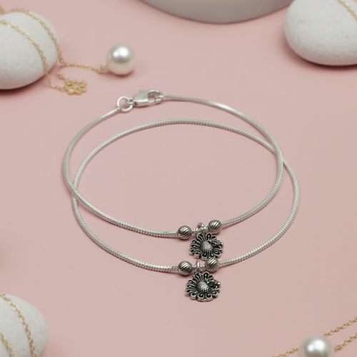 Silver Floral-Charm Snake-Chain Anklet (Pair)